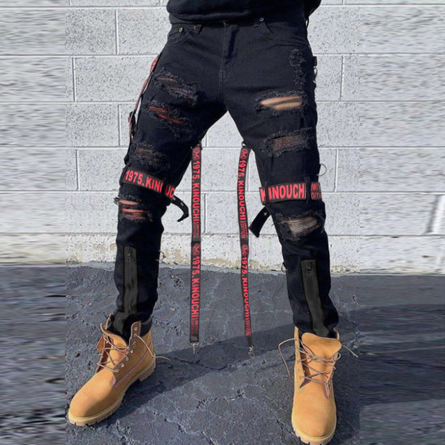 Black Slim Fit Ripped Cargo Jeans for Youth Street Style
