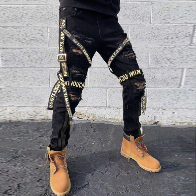 Black Slim Fit Ripped Cargo Jeans for Youth Street Style