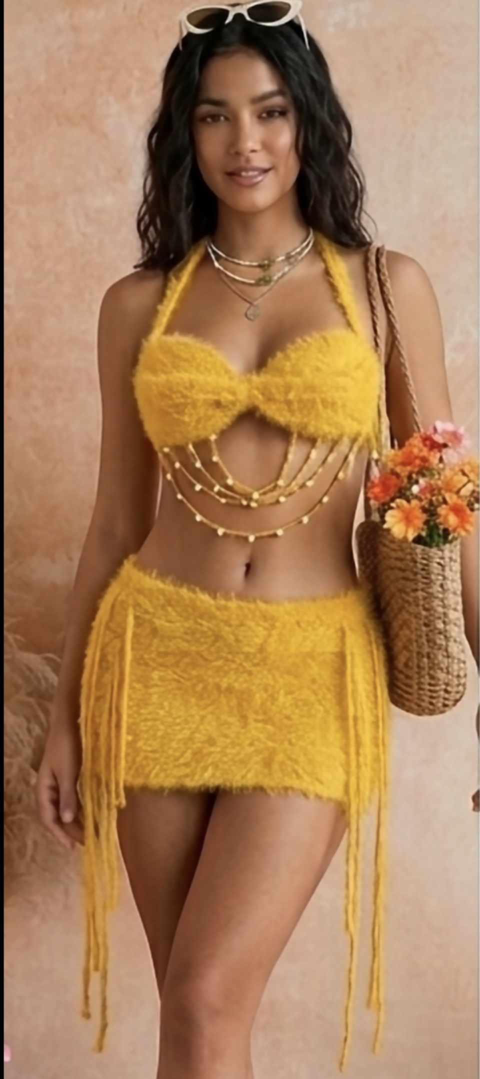 Conjunto de 2 Piezas falda y  top con borlas y decoracion de perlas