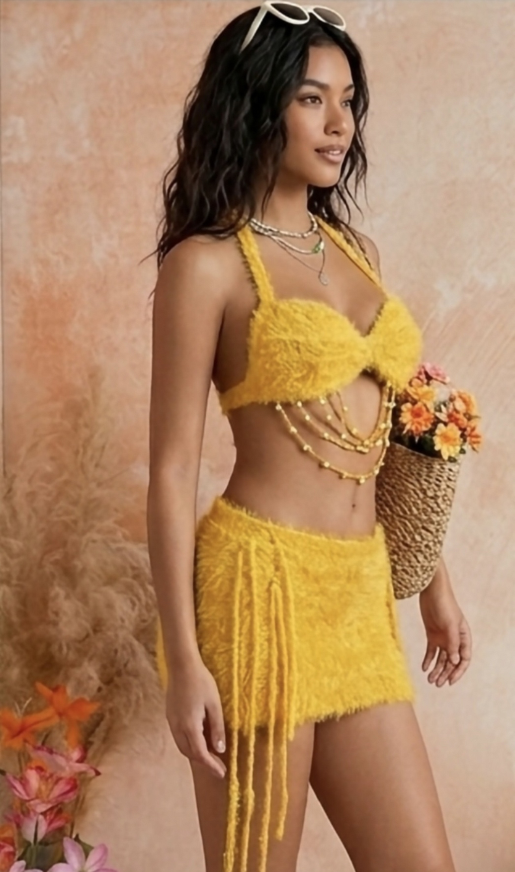 Conjunto de 2 Piezas falda y  top con borlas y decoracion de perlas