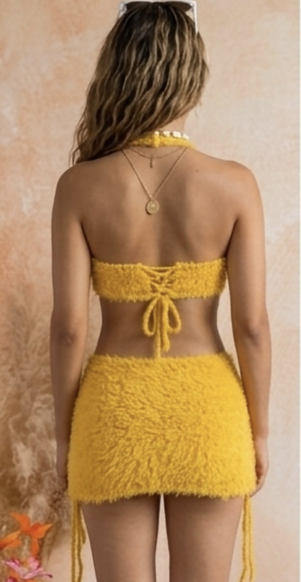 Conjunto de 2 Piezas falda y  top con borlas y decoracion de perlas