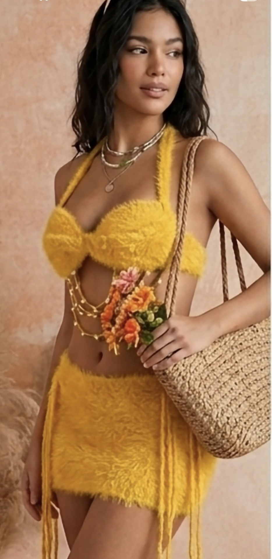 Conjunto de 2 Piezas falda y  top con borlas y decoracion de perlas